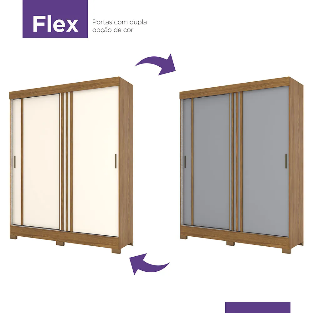 Guarda Roupa 2PT Deslizantes Nature/Off White/Cinza b353-181 com 1 Espelho